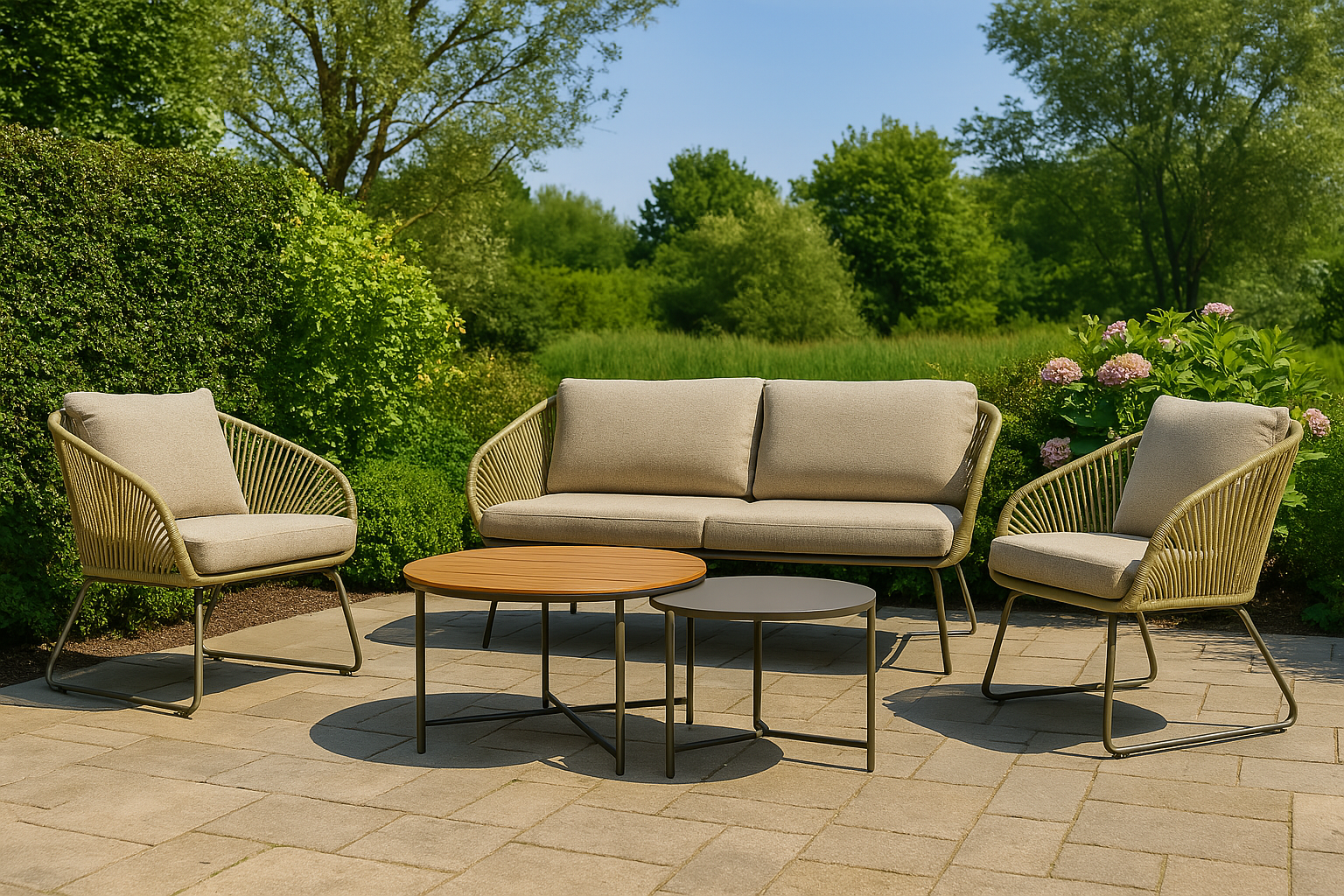House Nordic - Novella Lounge Set – Beige & Sandkleurig – Inclusief Kussens – Staal & Polyester